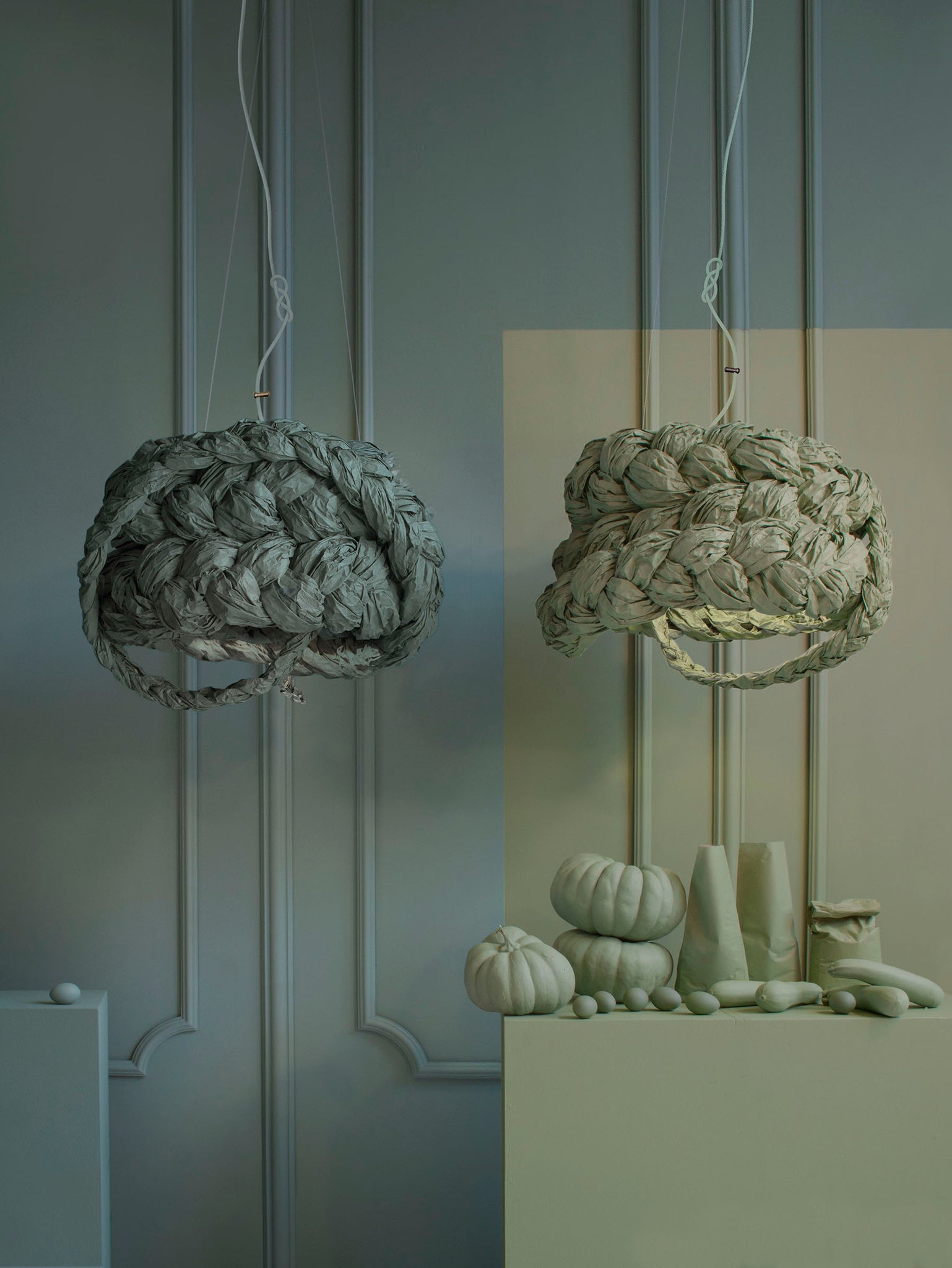 Mint Paper Braided Unique Handmade Pendant Lamp | Cozy Atmosphere Lighting | Contemporary Natural Lighting for Living room,  Bedroom & Lobby | Sustainable Design Lighting | baby & kids room lighting | Green lamp | mammalampa The Bride suspension lamp L