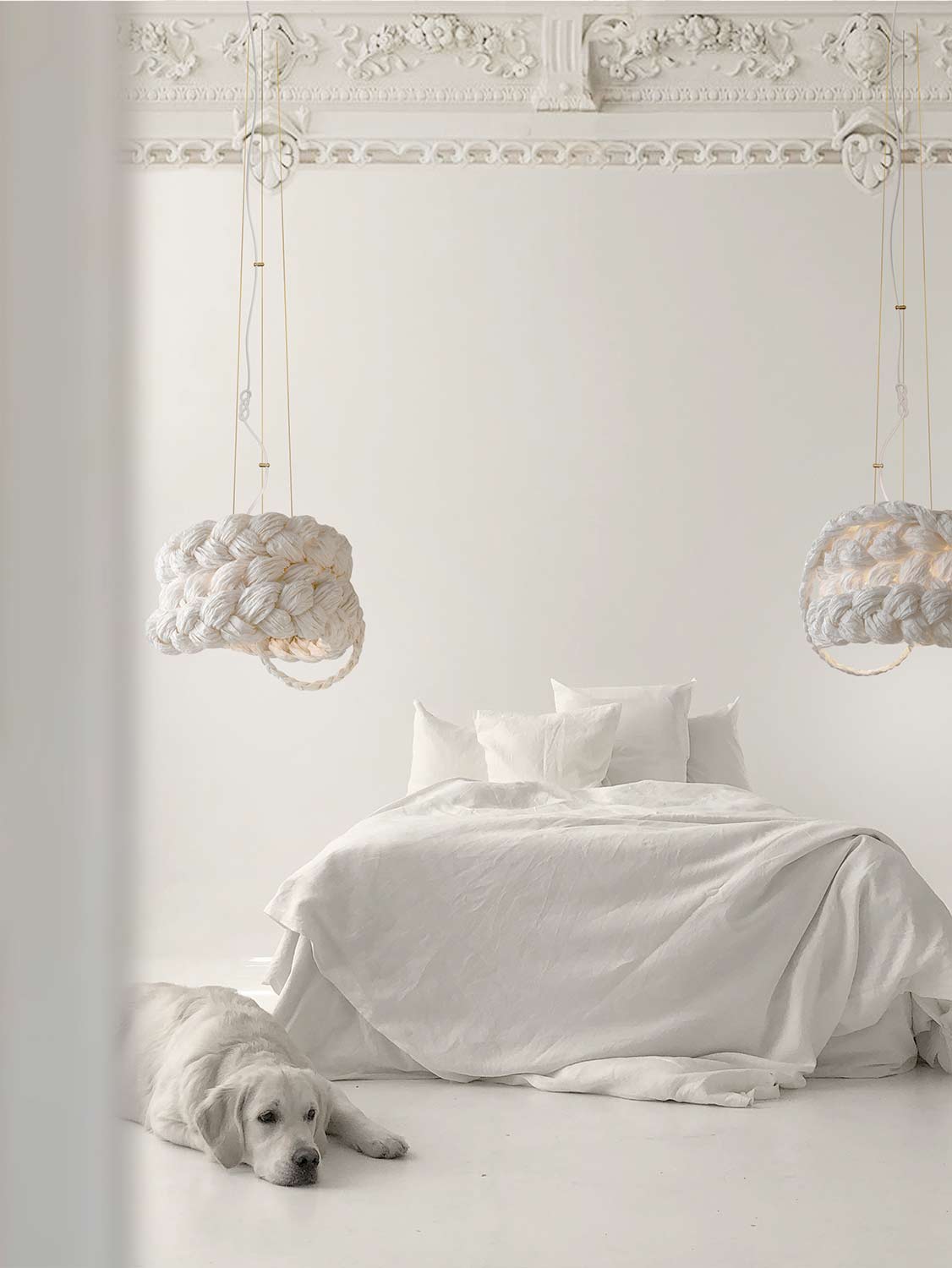 White Paper Braided Unique Handmade Pendant Lamp | Cozy Atmosphere Lighting | Contemporary Natural Lighting for Living room,  Bedroom & Lobby | Sustainable Design Lighting | baby & kids room lighting | White interior | mammalampa The Bride suspension lamp S