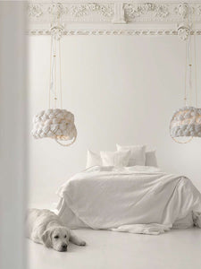 White Paper Braided Unique Handmade Pendant Lamp | Cozy Atmosphere Lighting | Contemporary Natural Lighting for Living room,  Bedroom & Lobby | Sustainable Design Lighting | baby & kids room lighting | White interior | mammalampa The Bride suspension lamp S
