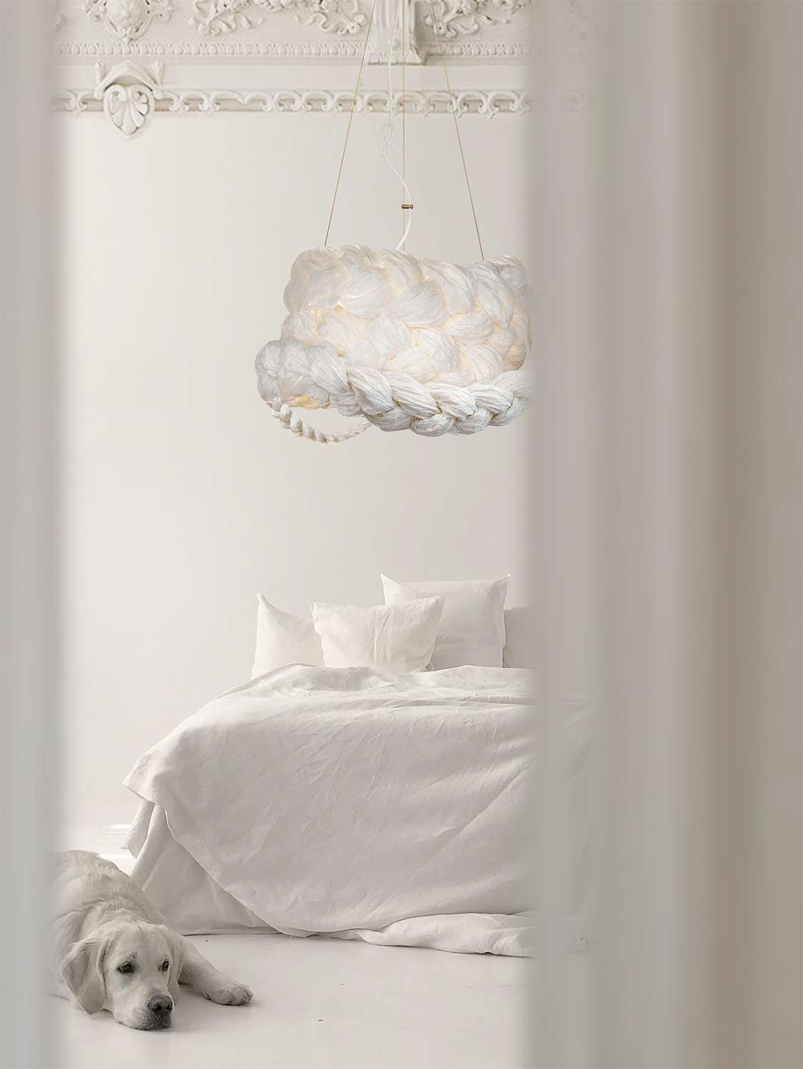 White Paper Braided Unique Handmade Pendant Lamp | Cozy Atmosphere Lighting | Contemporary Natural Lighting for Living room,  Bedroom & Lobby | Sustainable Design Lighting | baby & kids room lighting | White interior | mammalampa The Bride suspension lamp L