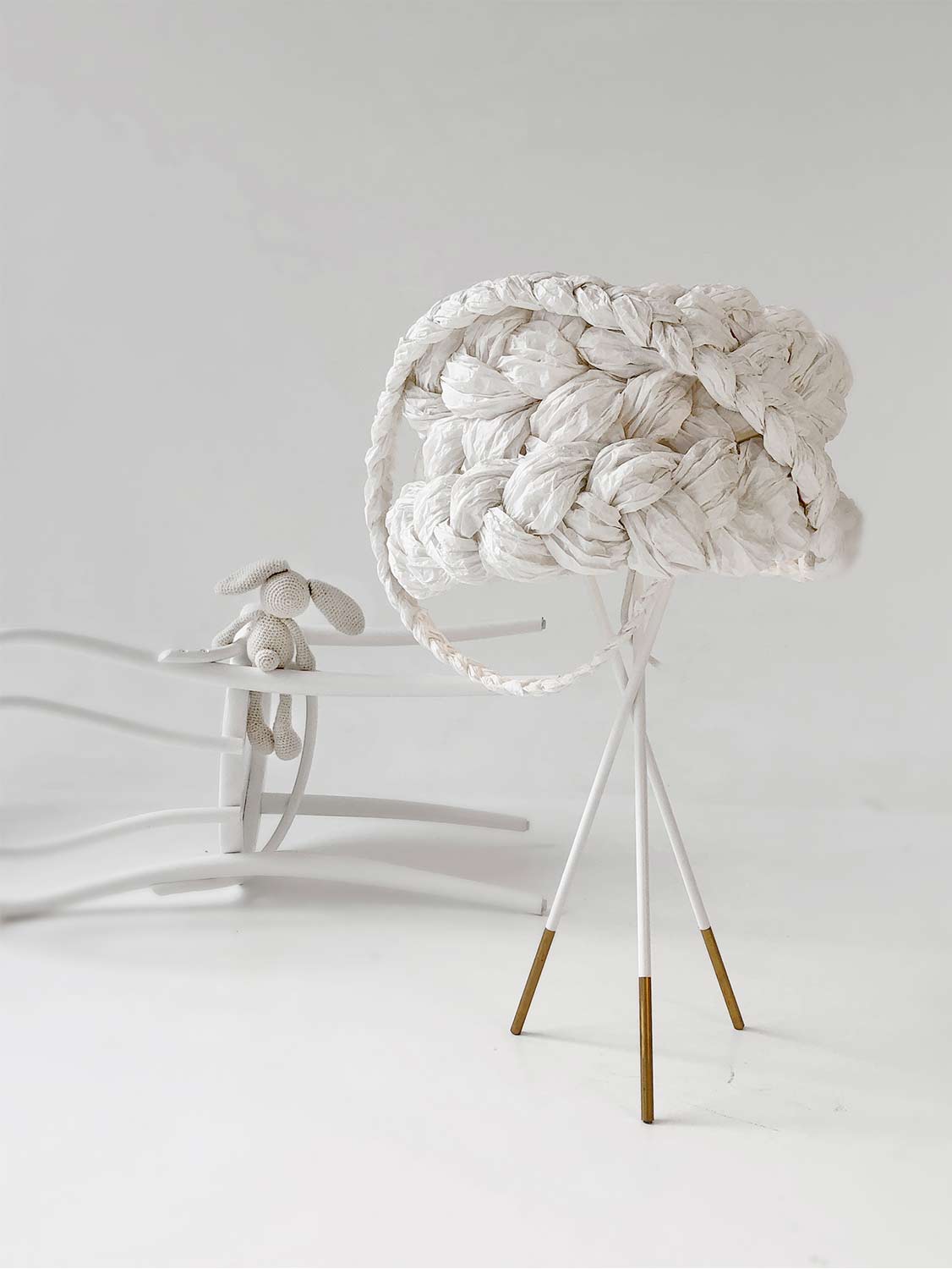 White Paper Braided Unique Handmade Table Lamp | Cozy Atmosphere Lighting | Contemporary Natural Lighting for Living room,  Bedroom & Lobby | Sustainable Design Lighting | baby & kids room lighting | White interior | mammalampa The Bride table lamp 